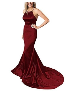 Halter Mermaid Prom Dresses Satin Sexy Backless Long Evening Party Gowns