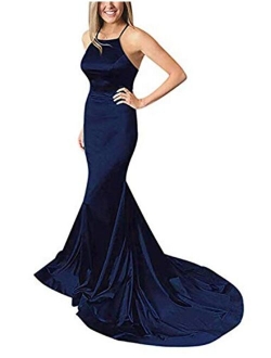 Halter Mermaid Prom Dresses Satin Sexy Backless Long Evening Party Gowns