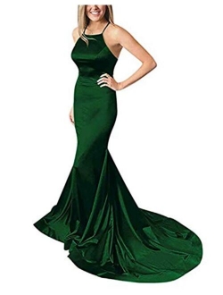 Halter Mermaid Prom Dresses Satin Sexy Backless Long Evening Party Gowns