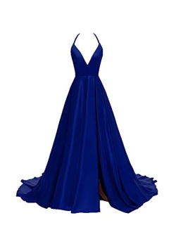 Women's V-Neck Halter Satin Prom Dresses Side Slit Evening Formal Gowns