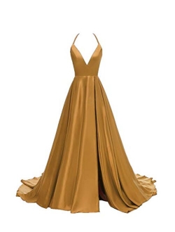 Women's V-Neck Halter Satin Prom Dresses Side Slit Evening Formal Gowns