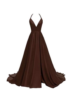 Women's V-Neck Halter Satin Prom Dresses Side Slit Evening Formal Gowns