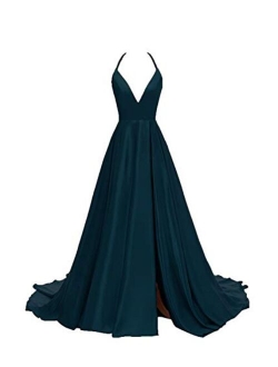 Women's V-Neck Halter Satin Prom Dresses Side Slit Evening Formal Gowns