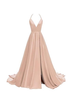 Women's V-Neck Halter Satin Prom Dresses Side Slit Evening Formal Gowns