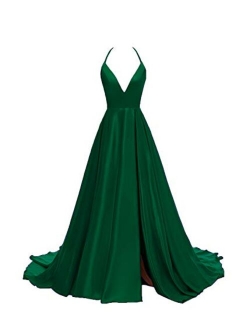 Women's V-Neck Halter Satin Prom Dresses Side Slit Evening Formal Gowns