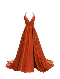 Women's V-Neck Halter Satin Prom Dresses Side Slit Evening Formal Gowns