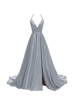 Women's V-Neck Halter Satin Prom Dresses Side Slit Evening Formal Gowns