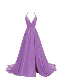 Women's V-Neck Halter Satin Prom Dresses Side Slit Evening Formal Gowns