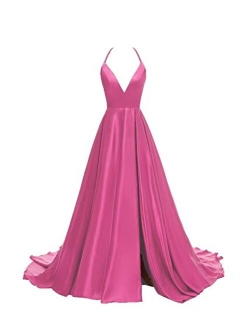 Women's V-Neck Halter Satin Prom Dresses Side Slit Evening Formal Gowns