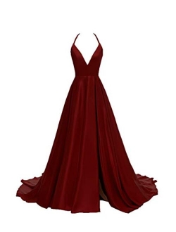 Women's V-Neck Halter Satin Prom Dresses Side Slit Evening Formal Gowns