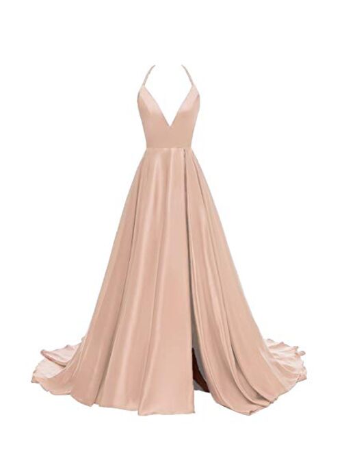 Gricharim Women's V-Neck Halter Satin Prom Dresses Side Slit Evening Formal Gowns