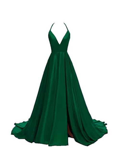 Gricharim Women's V-Neck Halter Satin Prom Dresses Side Slit Evening Formal Gowns