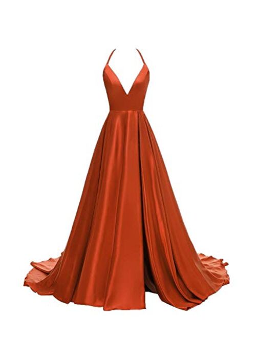 Gricharim Women's V-Neck Halter Satin Prom Dresses Side Slit Evening Formal Gowns