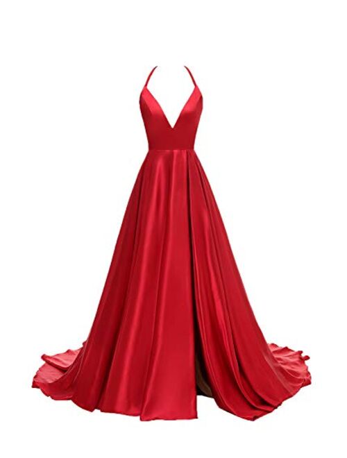 Gricharim Women's V-Neck Halter Satin Prom Dresses Side Slit Evening Formal Gowns