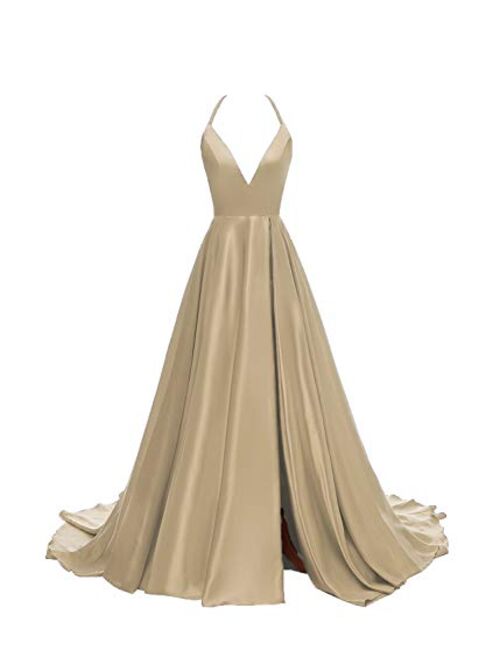 Gricharim Women's V-Neck Halter Satin Prom Dresses Side Slit Evening Formal Gowns