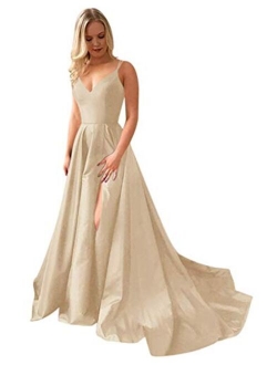 Grichairm Women's Spaghetti Strap Satin Prom Dresses Side Slit Evening Formal Gowns