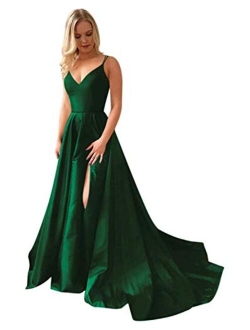 Grichairm Women's Spaghetti Strap Satin Prom Dresses Side Slit Evening Formal Gowns