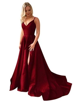 Grichairm Women's Spaghetti Strap Satin Prom Dresses Side Slit Evening Formal Gowns