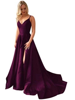 Grichairm Women's Spaghetti Strap Satin Prom Dresses Side Slit Evening Formal Gowns