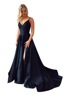 Grichairm Women's Spaghetti Strap Satin Prom Dresses Side Slit Evening Formal Gowns