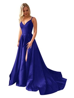 Grichairm Women's Spaghetti Strap Satin Prom Dresses Side Slit Evening Formal Gowns