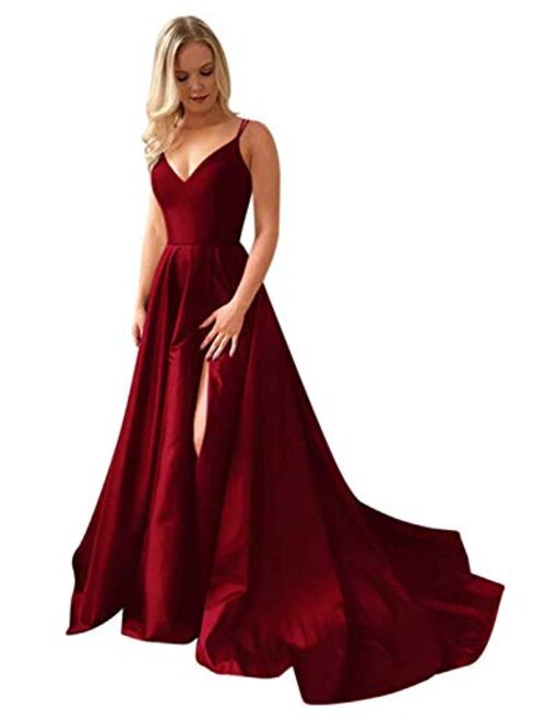 Gricharim Grichairm Women's Spaghetti Strap Satin Prom Dresses Side Slit Evening Formal Gowns