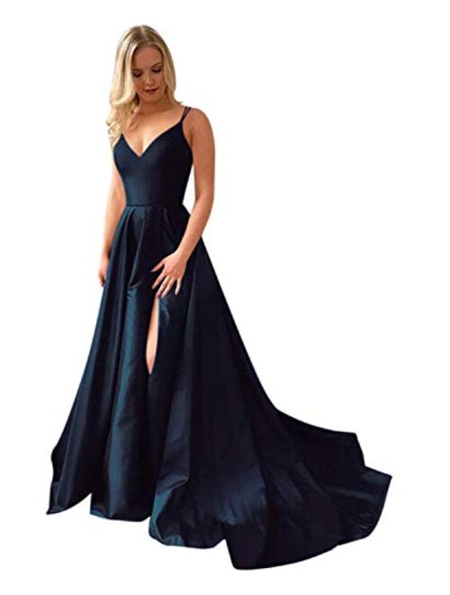 Gricharim Grichairm Women's Spaghetti Strap Satin Prom Dresses Side Slit Evening Formal Gowns