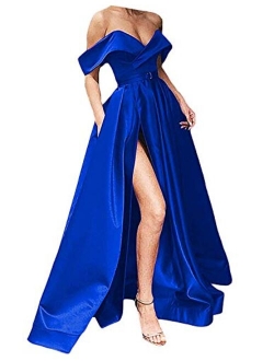 Grichairm Women's Off The Shoulder Satin Prom Dresses Long Split Evening Formal Gowns with Pockets