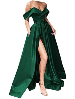 Grichairm Women's Off The Shoulder Satin Prom Dresses Long Split Evening Formal Gowns with Pockets