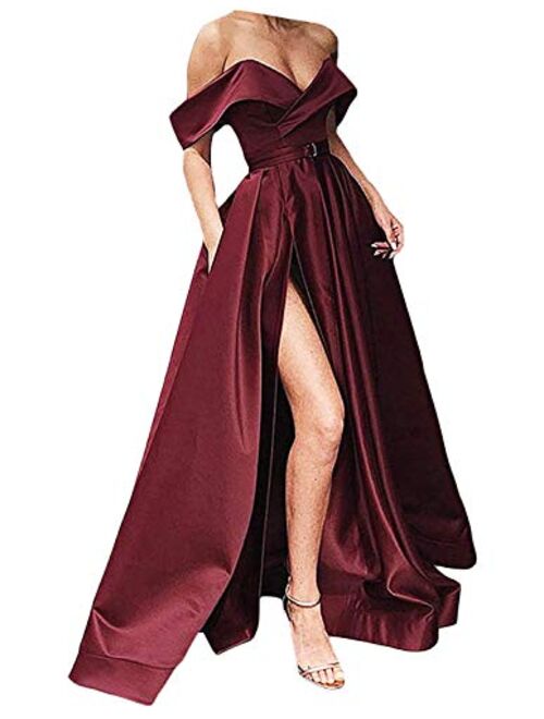 Gricharim Grichairm Women's Off The Shoulder Satin Prom Dresses Long Split Evening Formal Gowns with Pockets