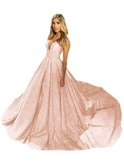 Glitter V Neck Evening Dresses Long Ball Gown Sleeveless Prom Dress