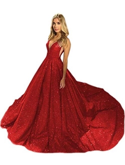 Glitter V Neck Evening Dresses Long Ball Gown Sleeveless Prom Dress