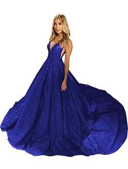 Glitter V Neck Evening Dresses Long Ball Gown Sleeveless Prom Dress