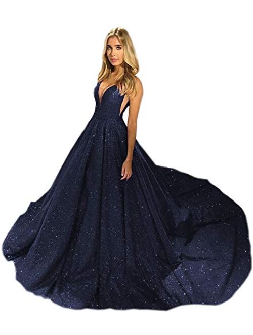 Gricharim Glitter V Neck Evening Dresses Long Ball Gown Sleeveless Prom Dress