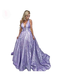 Sexy V Neck Glitter Prom Dresses Long Ball Gown Evening Formal Gowns