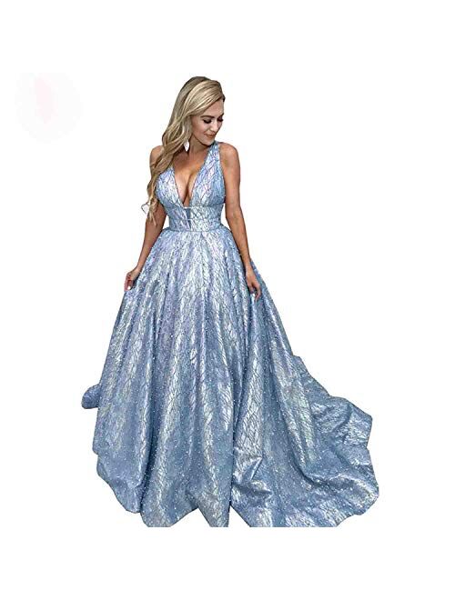 Gricharim Sexy V Neck Glitter Prom Dresses Long Ball Gown Evening Formal Gowns