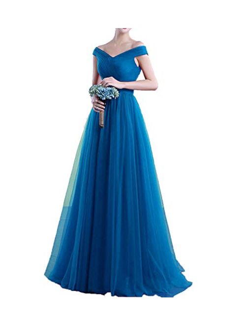 Gricharim Off The Shoulder Tulle Prom Dresses Long Ball Gown Bridesmaid Formal Dress