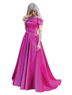 Off The Shoulder Prom Dresses Long Ball Gown Satin Evening Formal Gowns