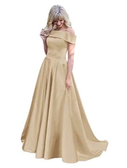 Off The Shoulder Prom Dresses Long Ball Gown Satin Evening Formal Gowns