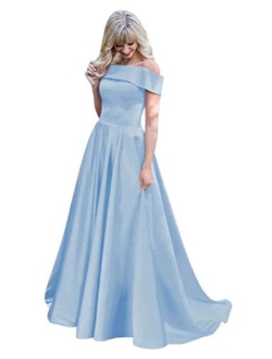 Off The Shoulder Prom Dresses Long Ball Gown Satin Evening Formal Gowns