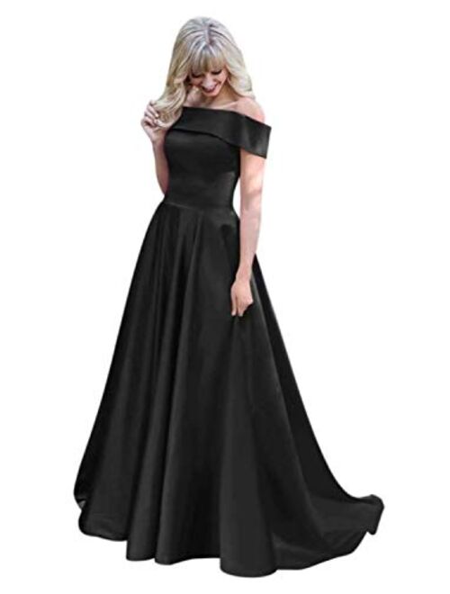 Gricharim Off The Shoulder Prom Dresses Long Ball Gown Satin Evening Formal Gowns