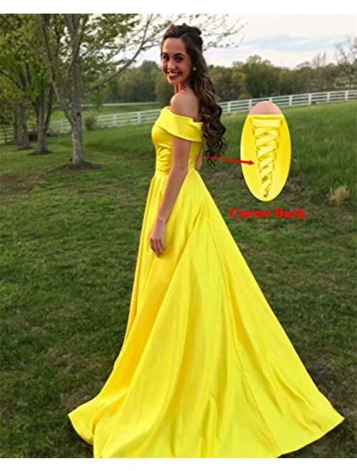 Gricharim Off The Shoulder Prom Dresses Long Ball Gown Satin Evening Formal Gowns