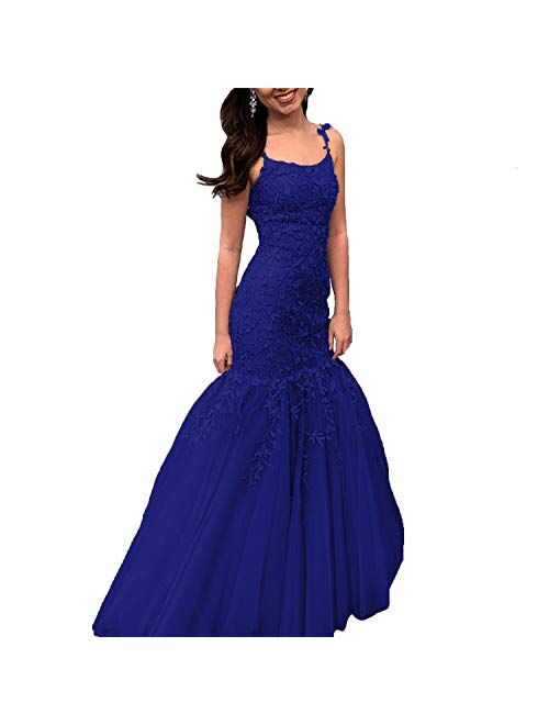 Gricharim Spaghetti Strap Mermaid Lace Applique Evening Formal Gowns Long Prom Dresses with Train