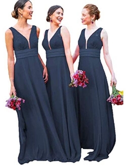 Grichairm Women's Deep V Neck Lace Chiffon Bridesmaid Dress Long Evening Prom Dresese