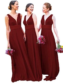 Grichairm Women's Deep V Neck Lace Chiffon Bridesmaid Dress Long Evening Prom Dresese