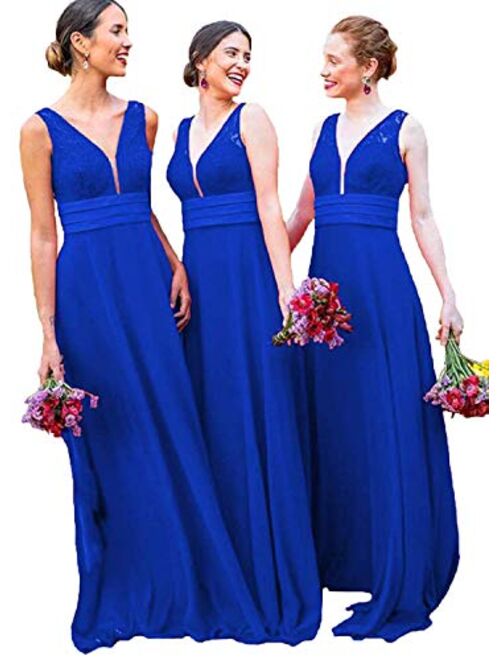 Gricharim Grichairm Women's Deep V Neck Lace Chiffon Bridesmaid Dress Long Evening Prom Dresese