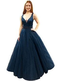 Women's V Neck Long Prom Dresses Beaded Belt Tulle Evening Formal Ball Gown