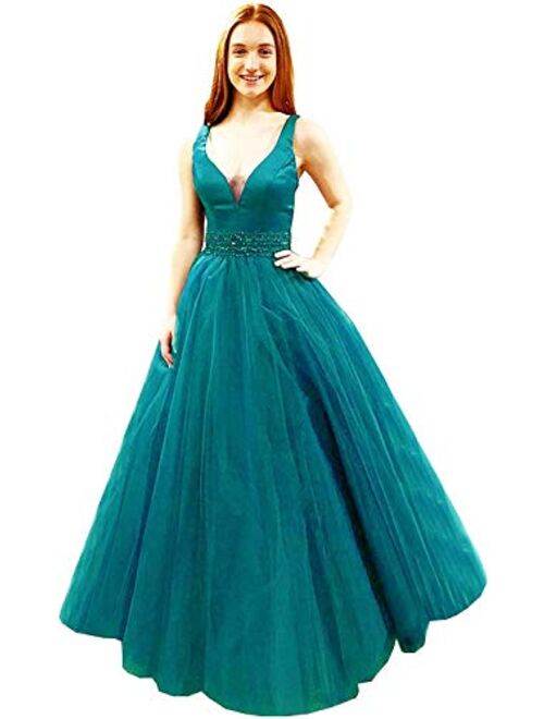 Gricharim Women's V Neck Long Prom Dresses Beaded Belt Tulle Evening Formal Ball Gown