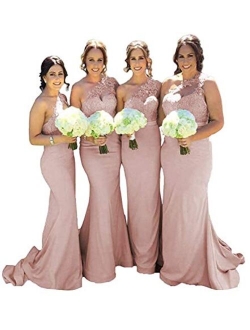 One Shoulder Bridesmaid Dresses Lace Satin Mermaid Evening Prom Dress