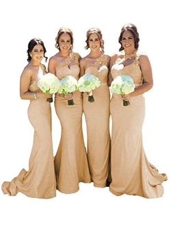 One Shoulder Bridesmaid Dresses Lace Satin Mermaid Evening Prom Dress